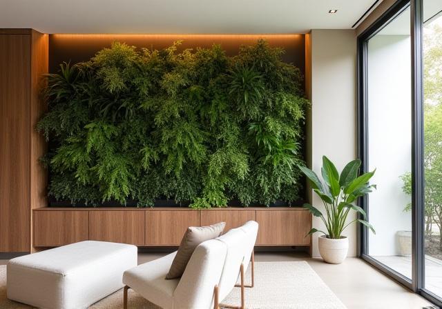 Modern living room with integrated vertical garden