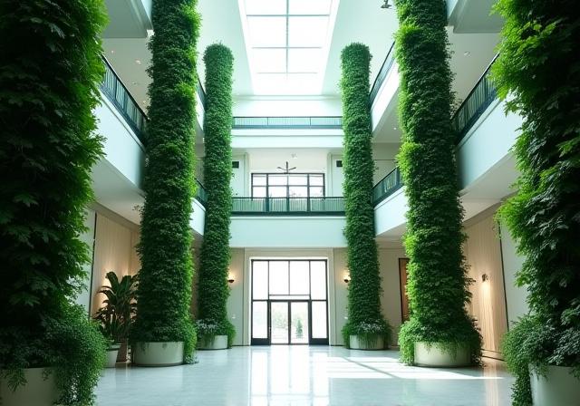 Large office atrium with massive vertical pillars