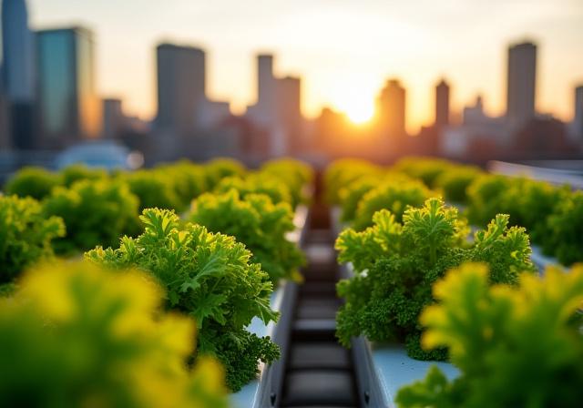 Rooftop vertical farm producing kale and herbs